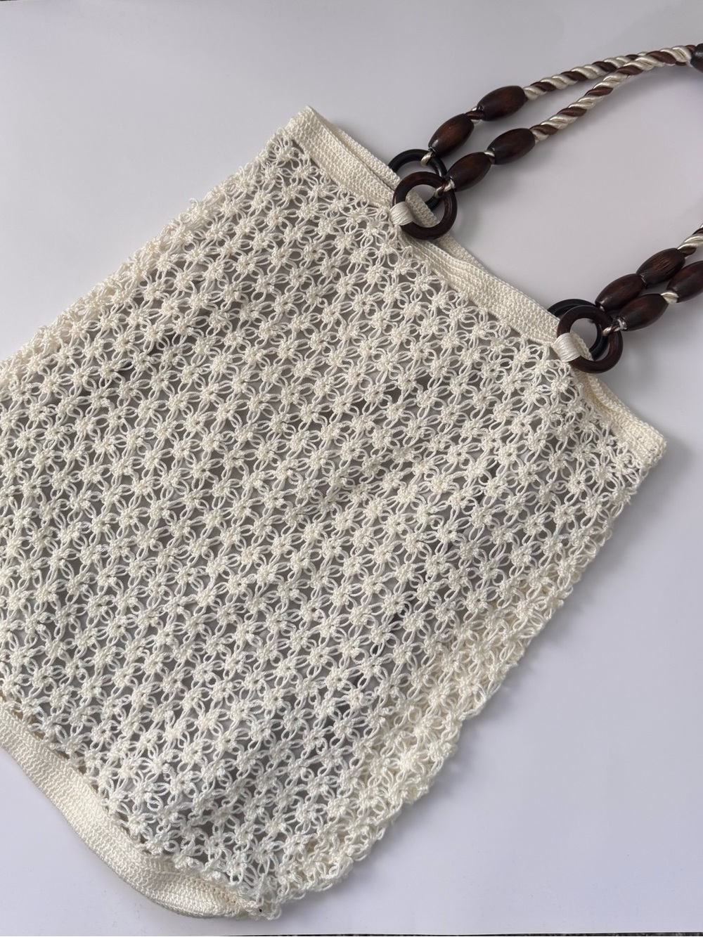 White Crochet Tote with Wood Beaded Straps